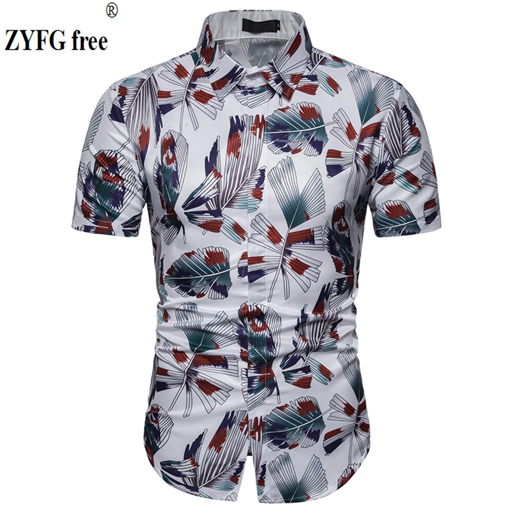 

ZYFG free men shirts floral print turn-down collar short-sleeved shirt simple flower shirt breathable youth vitality male