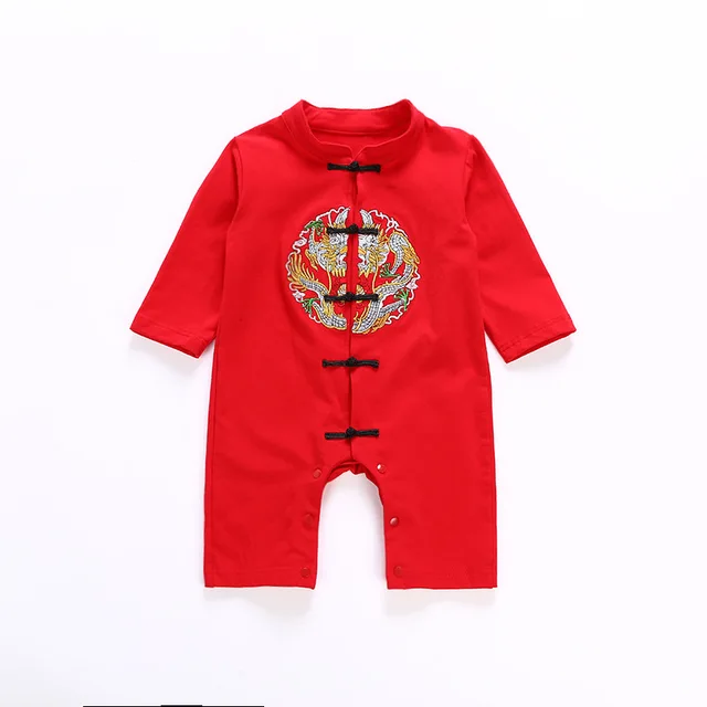 Chinese baby girl in traditional chinese new year outfit stock photo Chinese Traditional Costumes Newborn Baby Rompers Short&full Sleeve