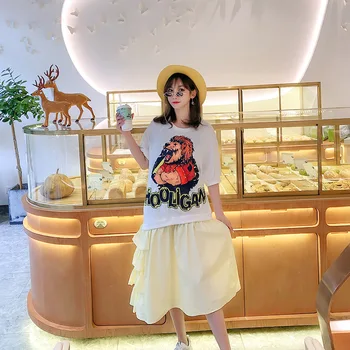

Thailand Tide brand 2019 summer new lion beaded short-sleeved stitching irregular dress female casual fake two