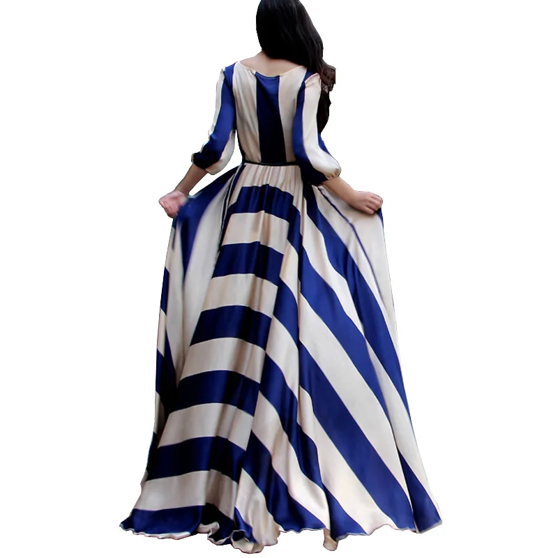 

Bohemian Dresses Women High Quality Hawaii Blue Beige Striped Belted Wrist Empire Long Maxi Dress Robe Femme Lange Jurken