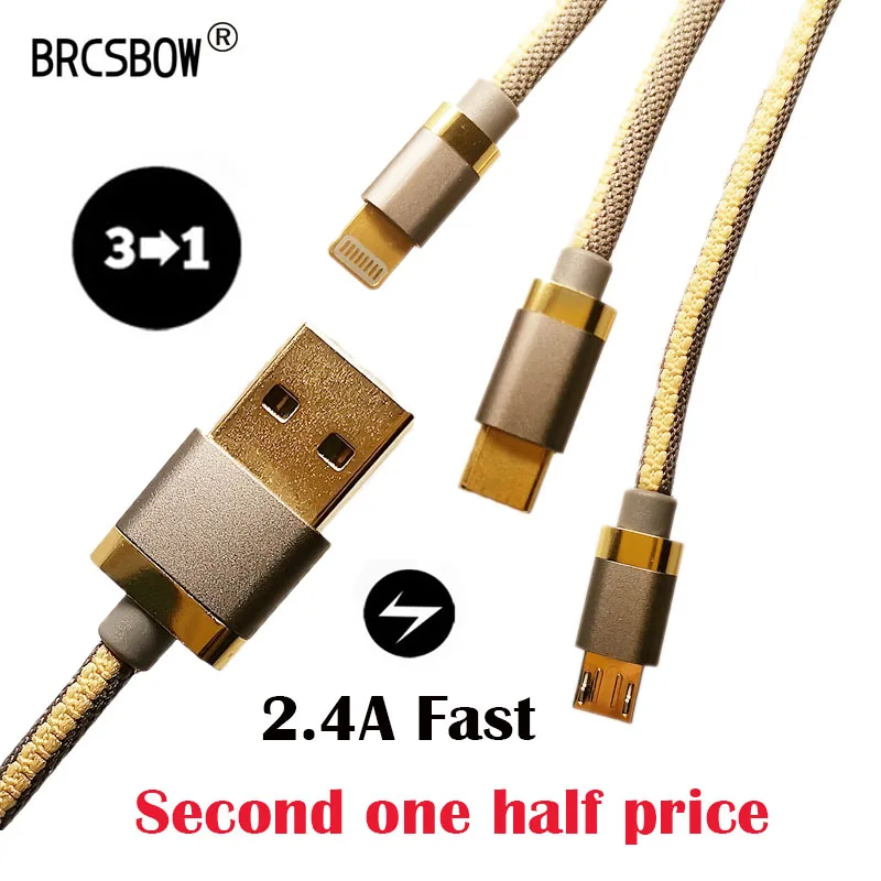 

BRCSBOW 2.4A Fast Charging 3 in 1 USB Cable Type-C Cable Mini USB Cable For Iphone Samsung Huawei Xiaomi Vivo Oppo Mobile