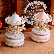 Винтажный голубой деревянный круглый карусель, Классическая Музыкальная Шкатулка для детей, подарок на день рождения для девочек