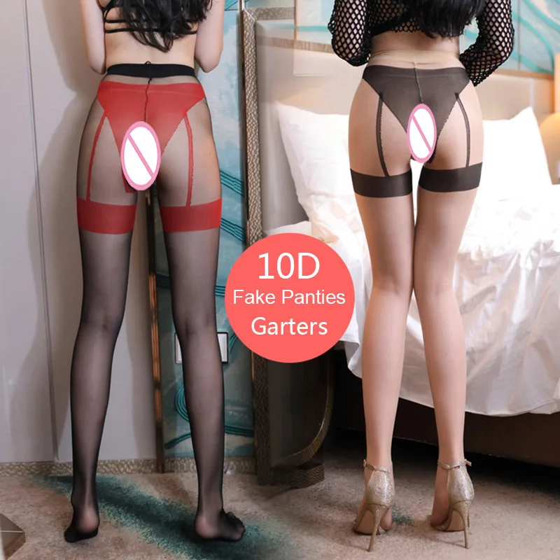 

2019 Sexy Crotchless Pantyhose Women Fake Garter Detail Tights Contrast Color Party 10D High Waist Lingerie Magical Stockings