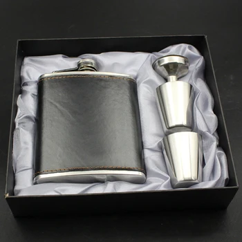 

Gift For Men 1 Set 7 Oz Black Stainless Steel Hip Flask Leather Wrapped With 1 Funnel 2 Cups Pocket Wine Bottle Hip Flask