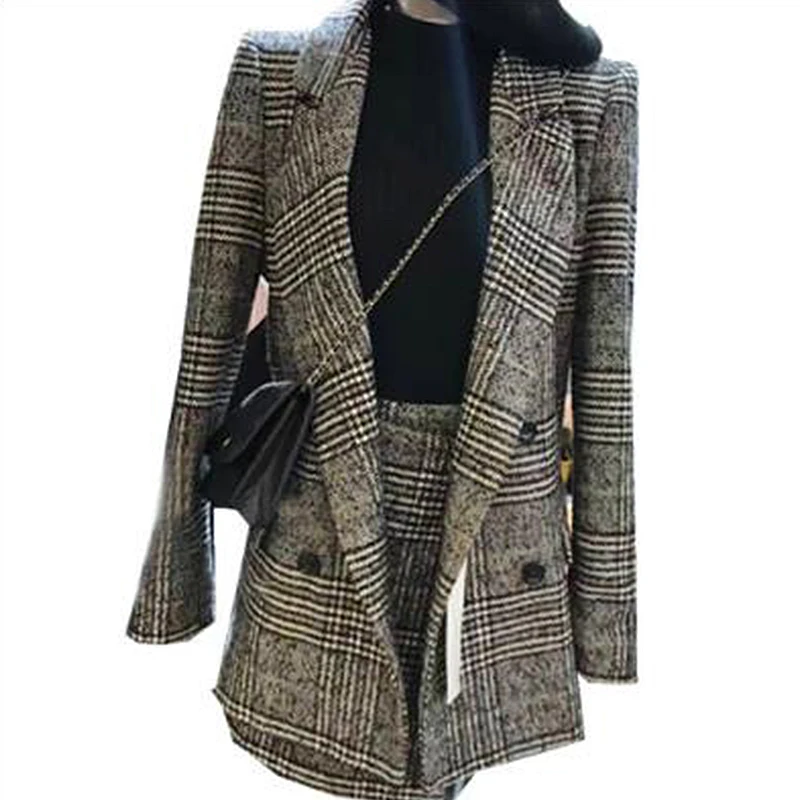 

Fashion Women Blazers Sets 2018 Autumn Plaid Coats Blazer Suit Jacket+ Elastic Waist Skirts Office Lady Two Piece skirts+Suits