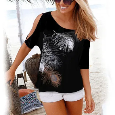 Женские летние футболки, повседневные топы с коротким рукавом, сексуальные футболки с открытыми плечами, с принтом перьев, футболки с круглым вырезом, свободные размера плюс S-5XL - Цвет: Black