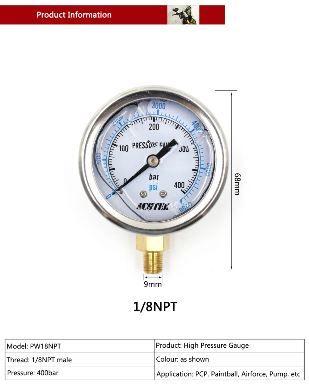 PCP Airforce Пейнтбол Airsoft 63 мм 2,5 дюйм(ов) масляные 1/8NPT высокое Давление датчик 400Bar/6000psi Медь дно соединения