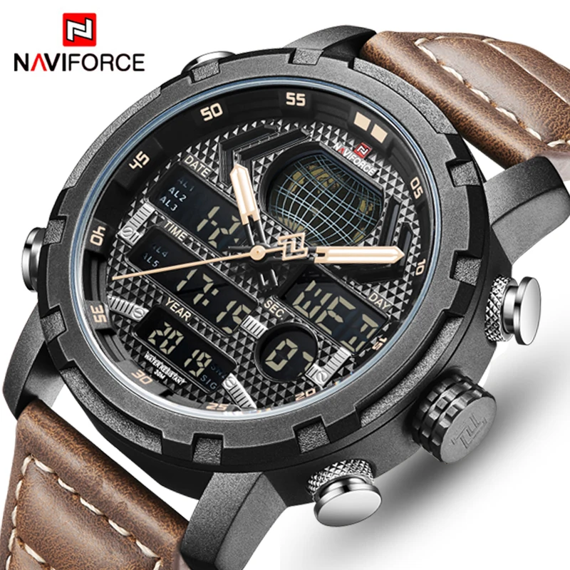 NAVIFORCE мужские часы от роскошного бренда мужские кожаные спортивные часы мужские кварцевые светодиодный цифровые часы водонепроницаемые военные наручные часы