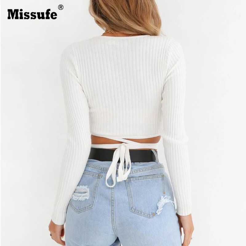 Missufe Deep V Neck Cropped Tops Long Sleeve Wrap Bandage Female Autumn Women Blouses Slim Sexy Knitted Blouse Shirts 2018 Blusa