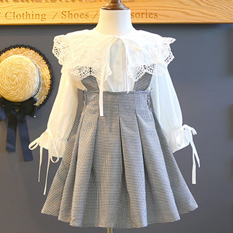 Платье для девочек коллекция года, Осенние кружевные рубашки с длинными рукавами+ платье в клетку, комплекты одежды милое платье принцессы для От 3 до 7 лет девочек