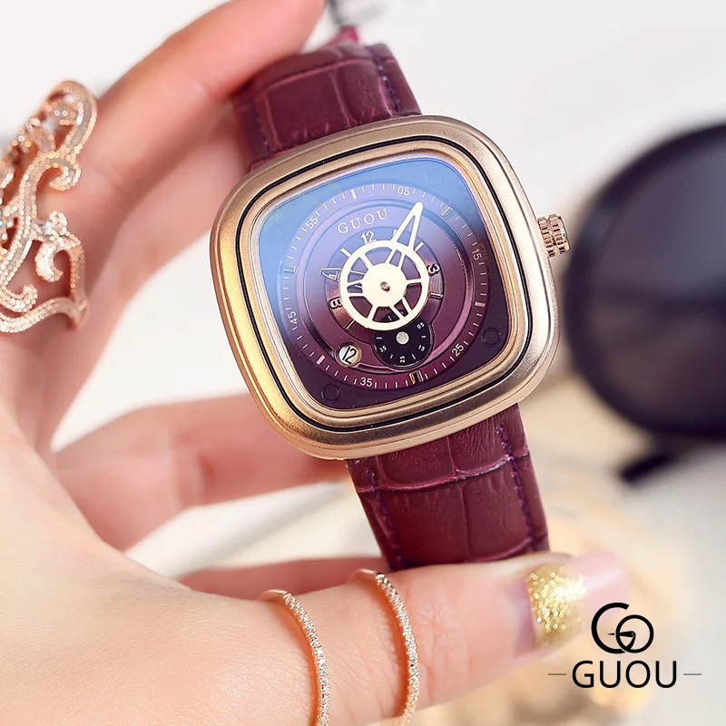 

2019 GUOU Unique Square Fashion Women Quartz Watches Women Exquisite Ladies Calendar Dress Wristwatches Female Casual Watch
