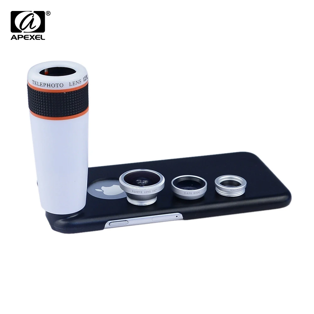 

Apexel phone lens kit 12X Telephoto zoom lens Fish eye &Wide-Angle&Macro Lenses with black phone case For iPhone 6 APL-12X85