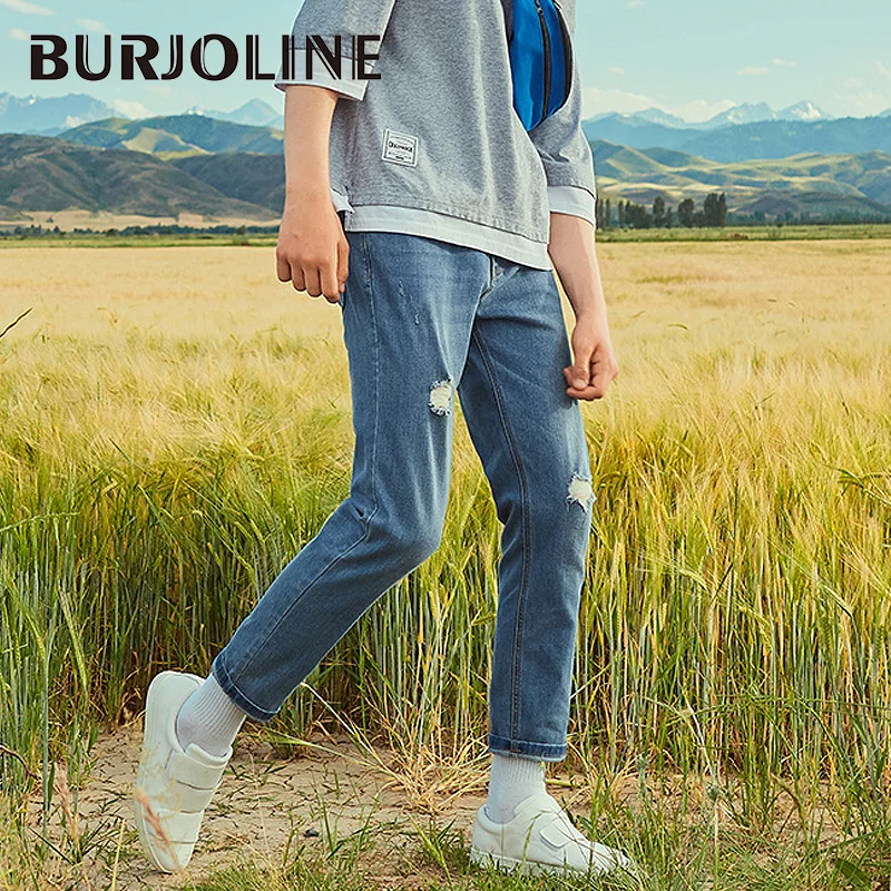 

BURJOLINE Spring Summer Men's Jeans Stretch Low Waist Handsome Shredded Ankel-length Pants B9211