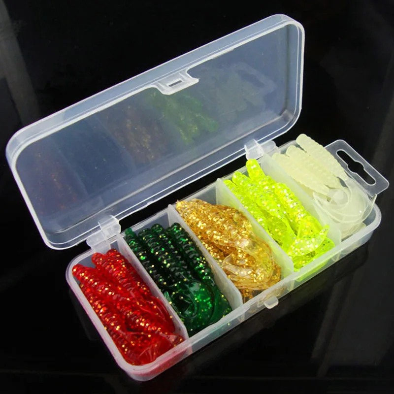 

50pcs Fishing Lure 5cm Lead Jig Head Hook Grub Worm Soft Baits Shads Silicone fishing tackle With Box Newest 2017