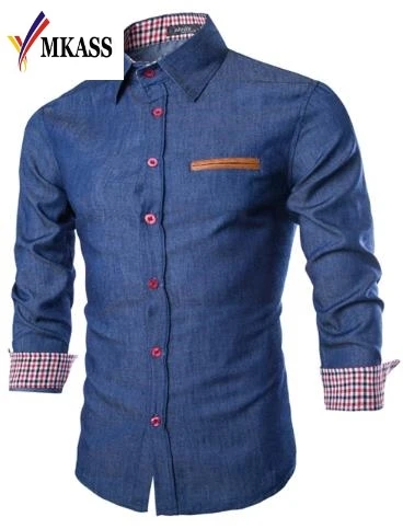 2107 Autumn Winter Men Casual Shirts 100% Cotton Collar Button-down Long Sleeve Slim Fit Men Denim Shirt camisa masculina