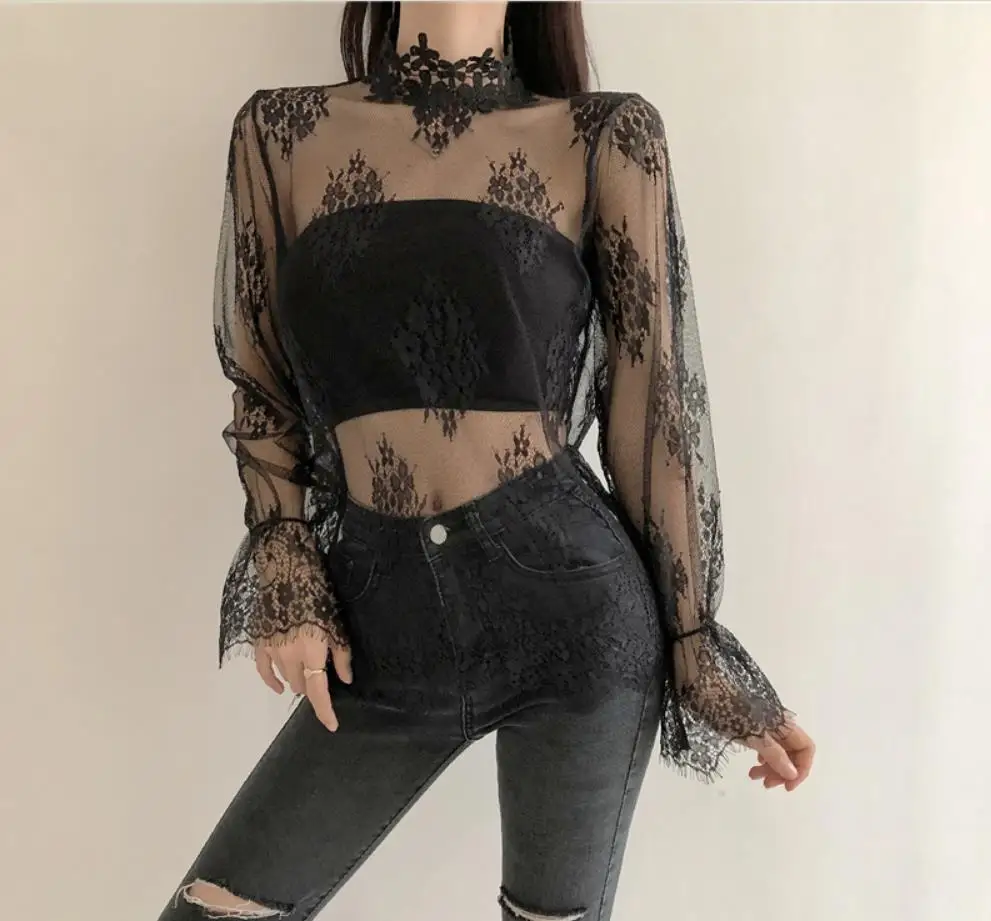 

Spring summer new fashion shirt sexy perspective lace shirt hollow high neck tops temperament mesh inside shirt blouse 201912