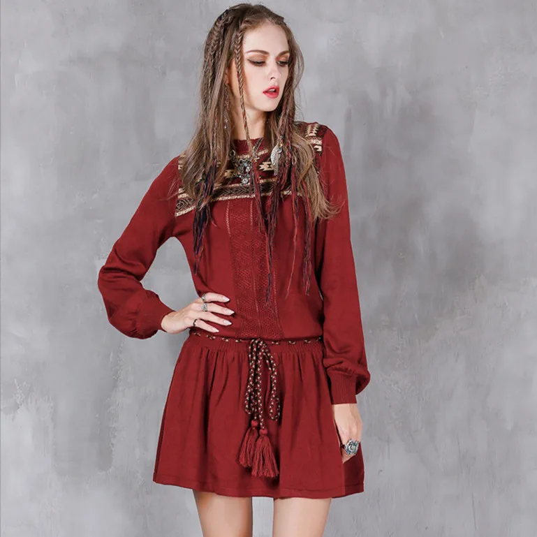 

High Quality Knitwear Women Dress Elegant Long Sleeve Sweatshirt Dress Boho Knitting Dresses Slash Neck String Waist Vestidos
