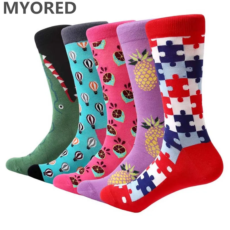 MYORED 5pairs/Lot men cotton socks cartoon funny long socks for mens