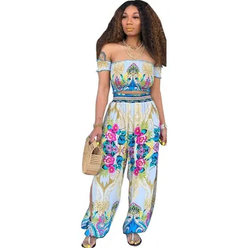 

Sexy Floral Print Slash Neck Two Piece Set Women Short Sleeve Crop Top Side Split Lantern Pants Suit Tracksuit Outfit