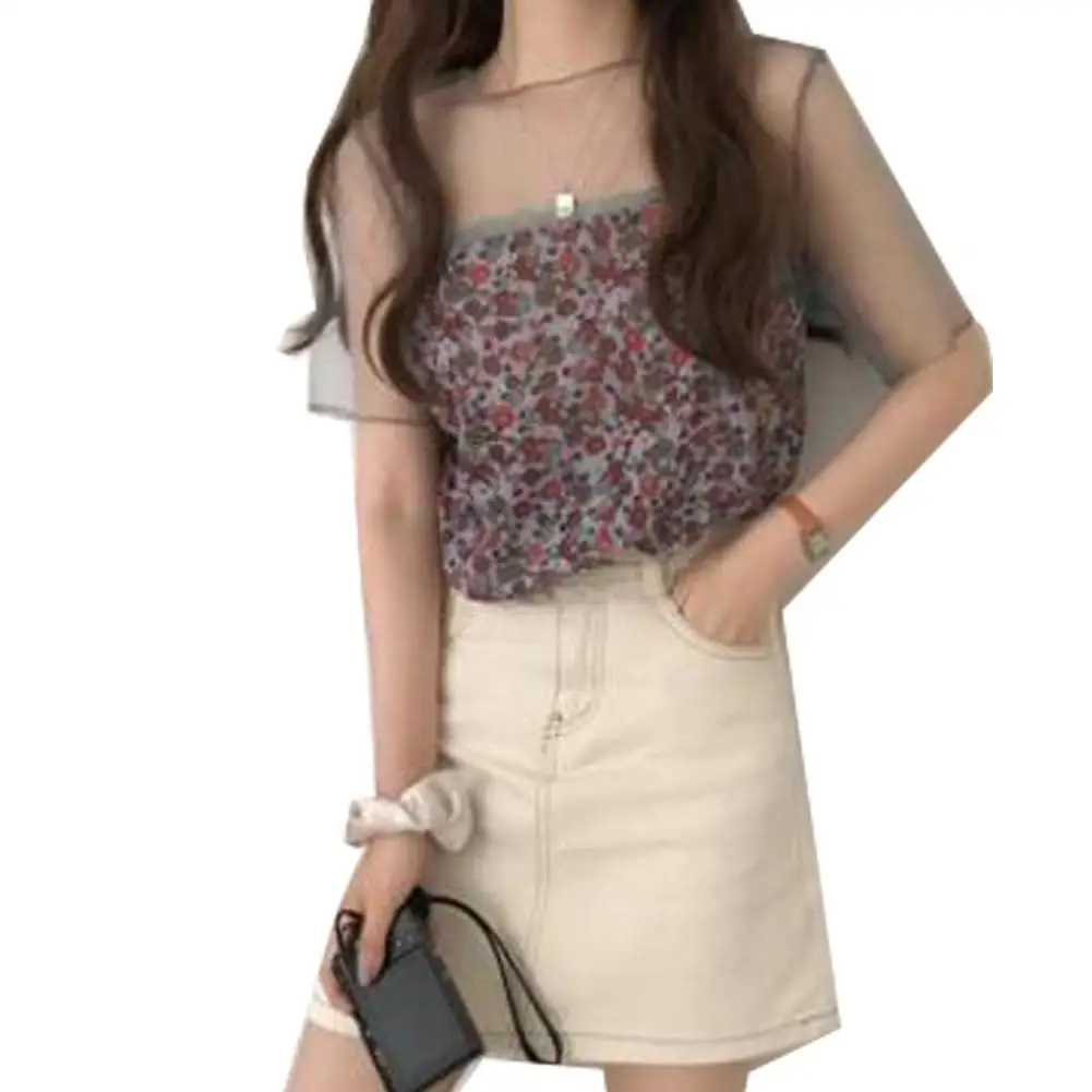 

Yfashion 2pcs Women Chiffon Floral Pattern Blouse Loose Lace Mesh + Tank Tops