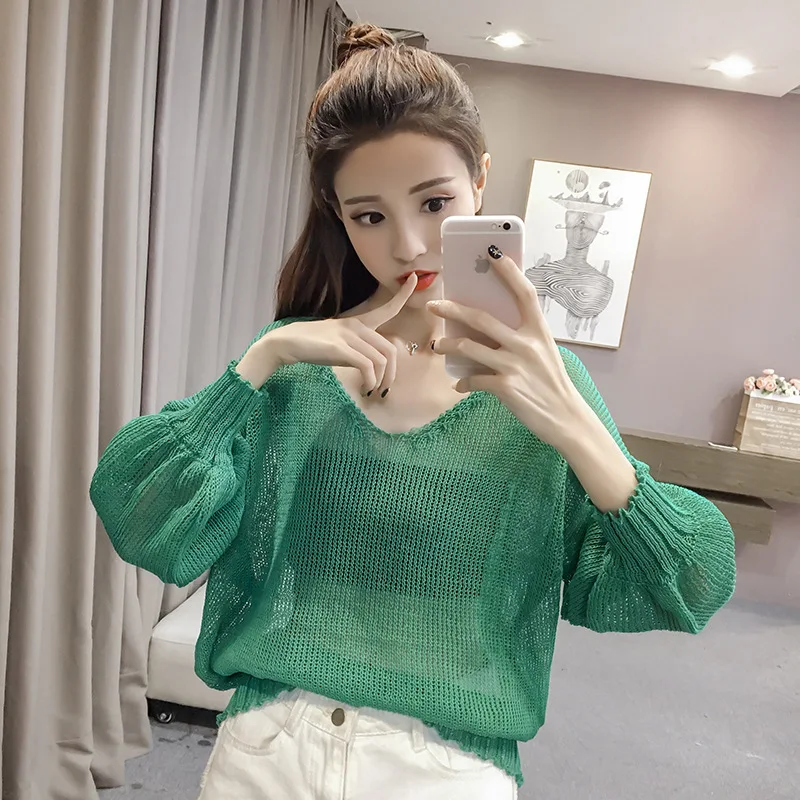 Women Sweaters And Pullovers Sale Thin Sweater Women Jumper Woman 2019 Autumn New Korean Lantern Sleeve V-neck Knit Sweater