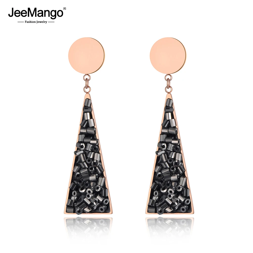 

JeeMango New Stainless Steel Geometric Triangle Earrings Jewelry Rose Gold Black Shining Crystal Women Dangle Earrings JE19112