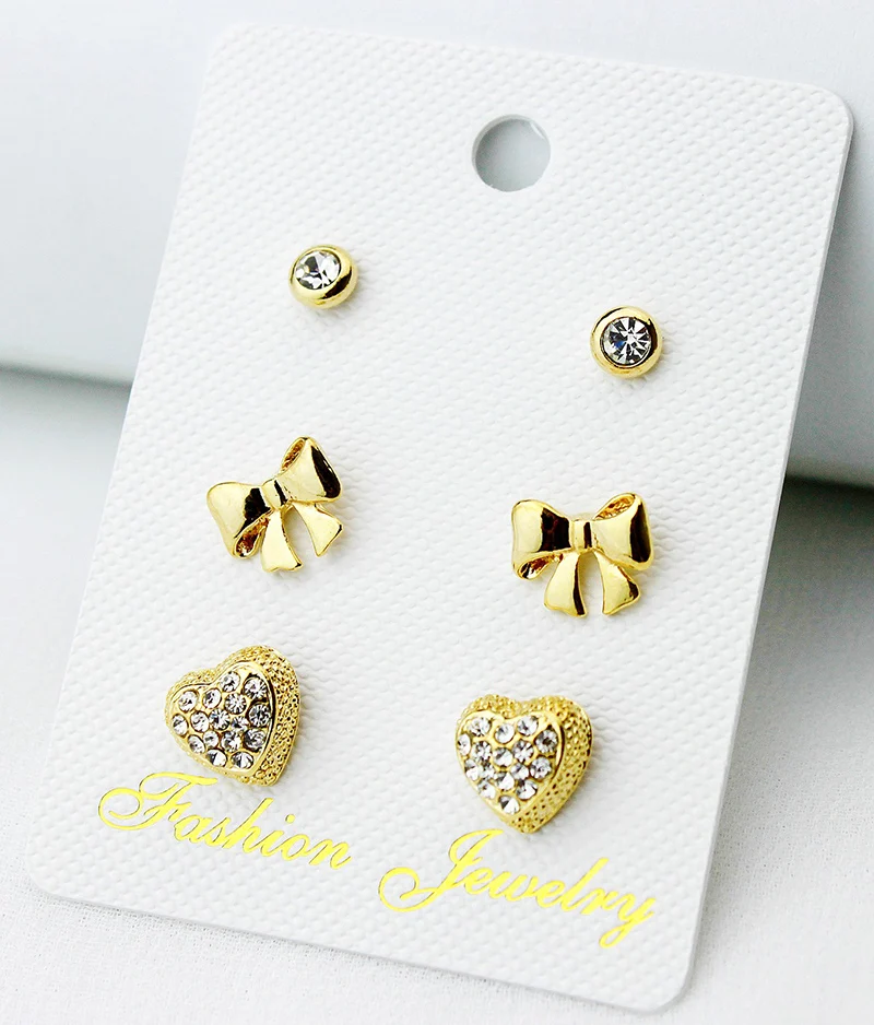 Gold Plating Heart Bow Stud earrings set Fashion Bling Earring with