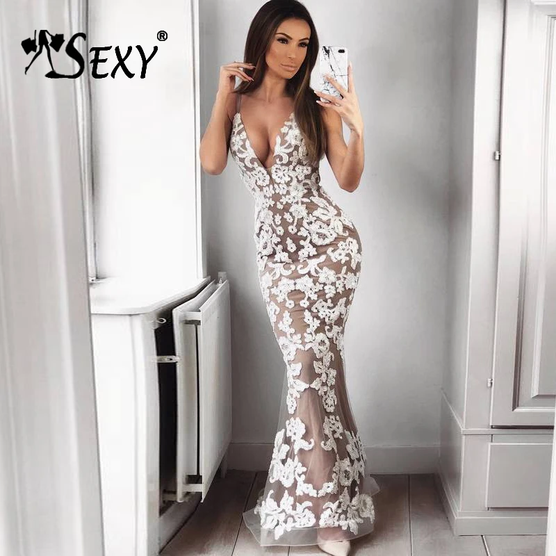 

Gosexy 2019 New Women Sexy Trumpet Mermaid Dress Mesh Spaghetti Strap Floral Dress V-Neck Floor-Length Party Dress