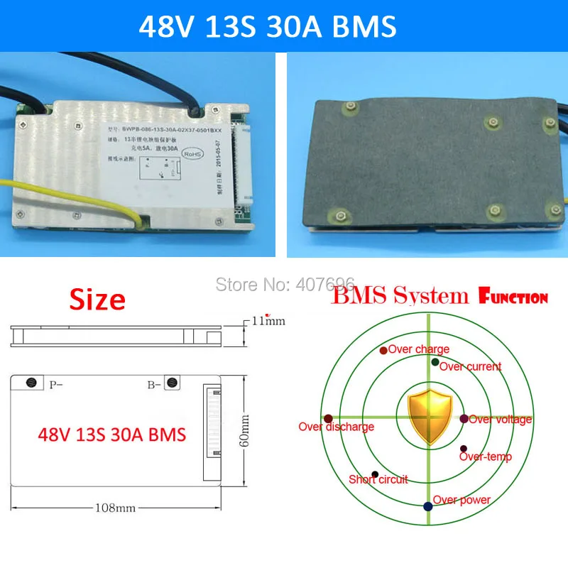 

3.6V/3.7V cell 13S 48V 30A BMS Used for 48v 15ah 20ah 30ah battery 30A continuous With balance function free shipping