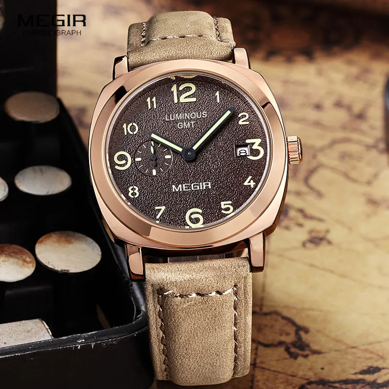 

MEGIR Men's Marine Army Simple Quartz Wrist Watches Leather Strap Rose Gold Analog Watch Man Clock Relogios Masculino 1046G-Rose