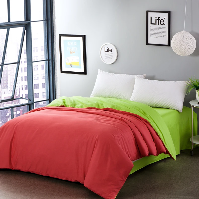 Stylish brick red and green two sided color solid color duvet cover bed
