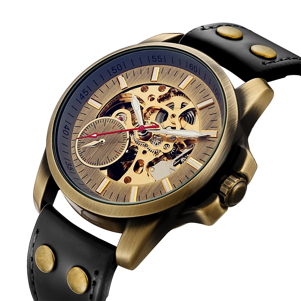 Retro Top Band Bronze Mechanical Automatic Watch Men Skeleton Roman