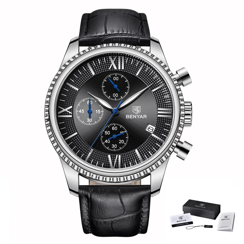 BENYAR мужские часы модные/спортивные/кварцевые мужские наручные часы мужские s часы лучший бренд роскошные кожаные часы мужские Relogio Masculino - Цвет: Black Silver Black