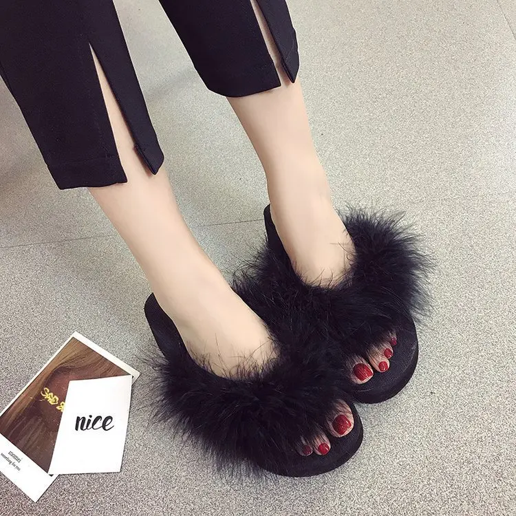 Open Toe Med Wedges Women Platform Flip Flops Summer Faux Fur Outside Slippers Solid Ladies Shoes | Обувь