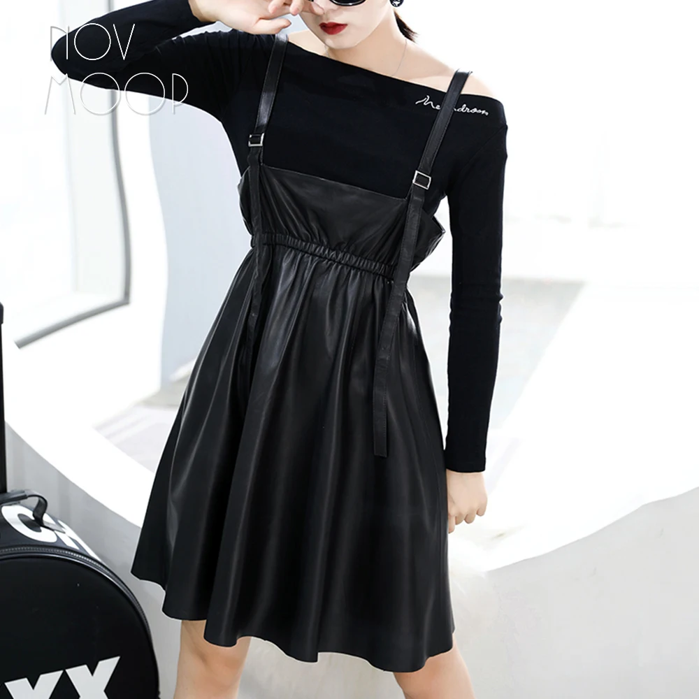 Новинка осень-весна, женское черное платье из натуральной овечьей кожи с регулируемым ремешком, платье трапециевидной формы jurken robe LT2587