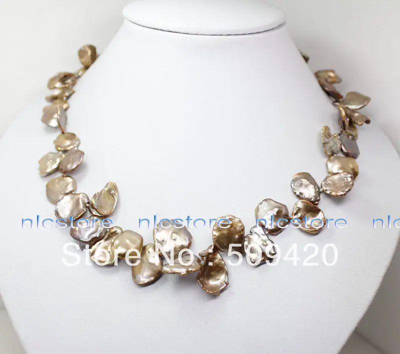 

FREE SHIPPING>>@> HOTUnique huge light brown baroque keshi pearl gem stone necklace 17.5" fashion Jew
