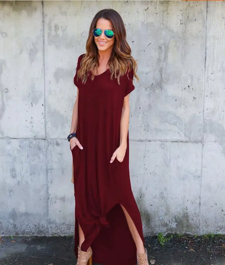 Женское летнее платье макси с коротким рукавом и V образным вырезом|vestidos plus|maxi long