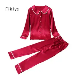 Fiklyc бренд в Корейском стиле Тонкий Девушки атласные пижамы наборы с кружева цветок длинный pannts весна/осень женщины с длинными рукавами