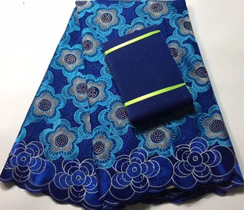 

African Swiss Voile Lace With Aso Oke High Quality 2019 Embroidered Lace Swiss Lace With Stones beads Lace Fabric EAX025 blue