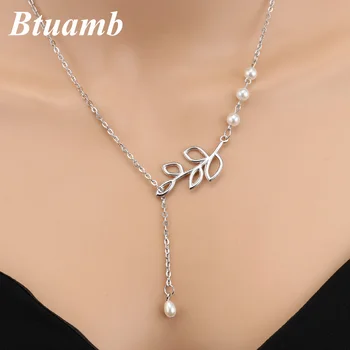 

Btuamb New Arrival Simulated Pearl Necklaces Silver Color Hollow Big Leaves Necklaces Pendants for Women Gift Jewelry Collier