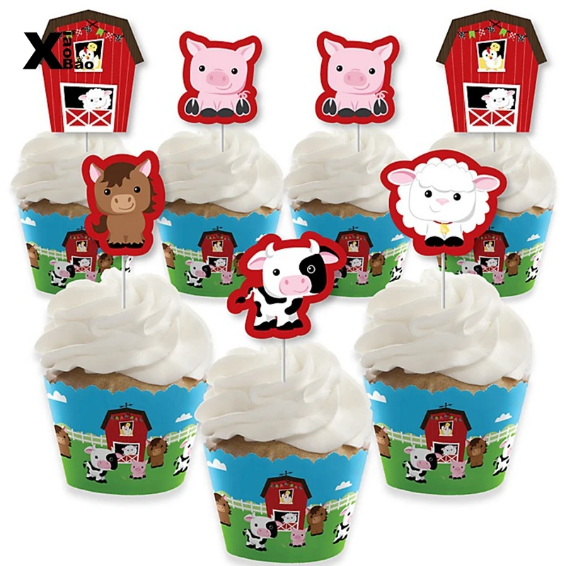 

12Pcs/Set Cupcake Toppers Farm Animals Birthday Party Decoration Dessert Cake Flag Supplies Kid Gift Barnyard Festival Tableware
