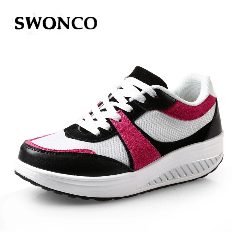 

SWONCO Black Sneakers On Platform For Women Casaul Shoes Wedge 2019 Autumn Shoes Female Chunky High Heel Sneakers Slimming