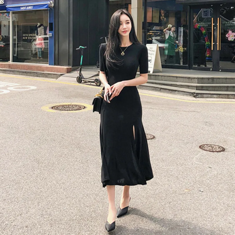 

Summer 2019 New A-line Draped O-neck Black Casual Korean Temperament Split High Waist Short Sleeve Long Women Dress