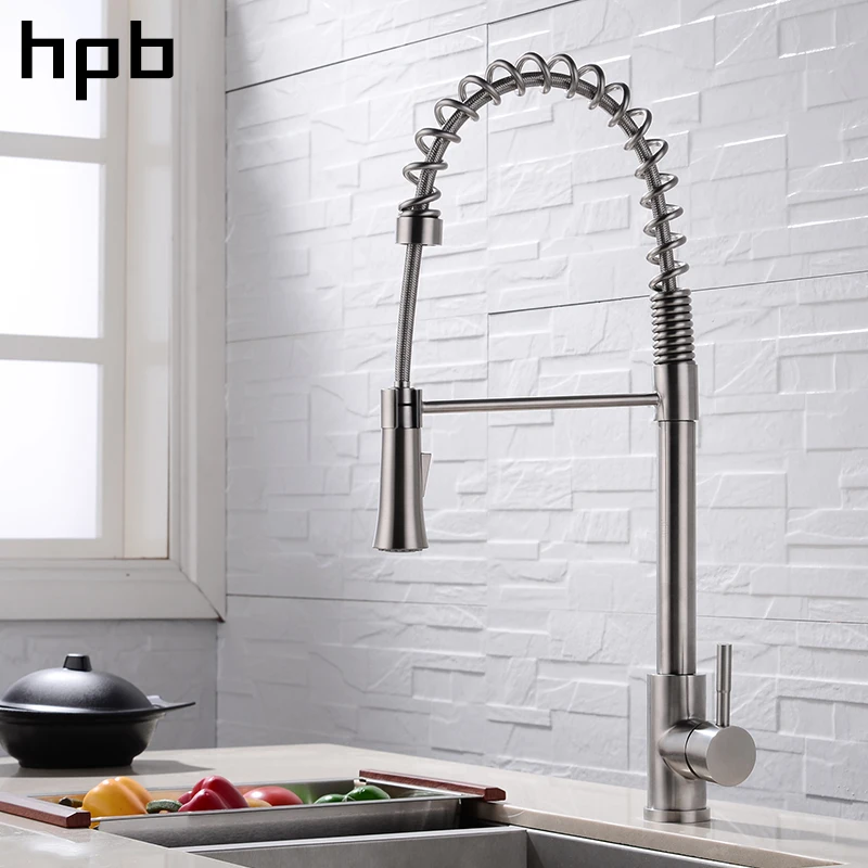 

HPB 2018 spring style brushed kitchen pull out faucet mixer single handle hot and cold water tap all round rotatable BU-4125a