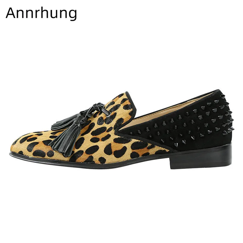

Sexy Tassel Leopard Men Shoes Rivet Decor Loafers Square Toe Slip On Flats 2019 Fashion Patchwork Party Shoes Men Zapatos Hombre