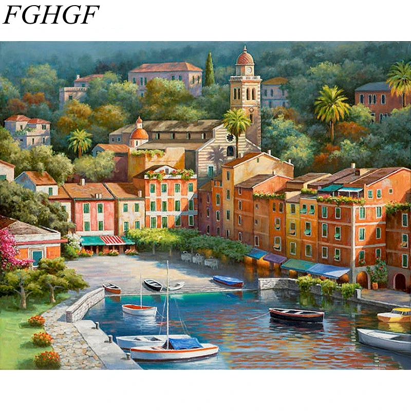 

FGHGF Frameless Mediterranean Sea Landscape DIY Painting By Numbers Kits Paint On Canvas With Wooden Framed For House