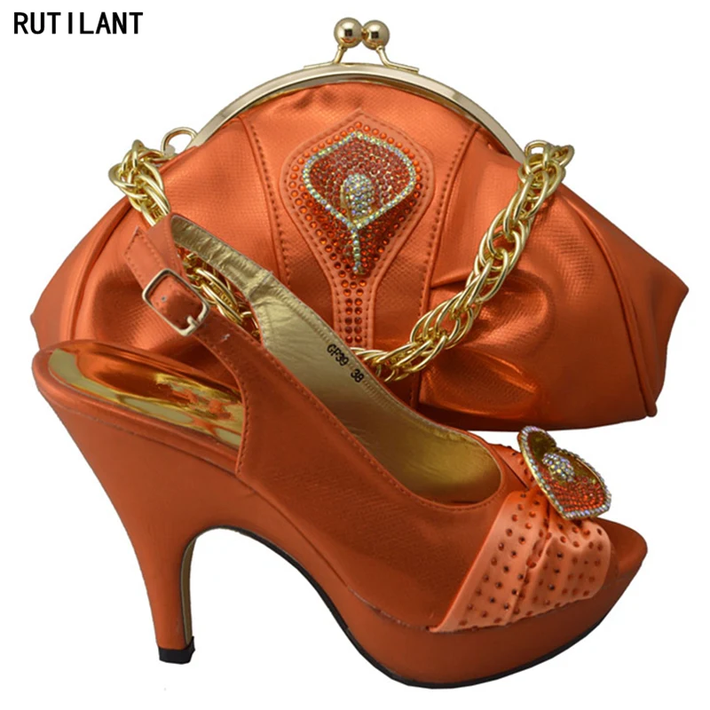 

Orange Color Nigerian Party Shoe and Bag Sets Italian Ladies Shoes and Bag Set Decorated with Rhinestone Party Shoes and Bag Set
