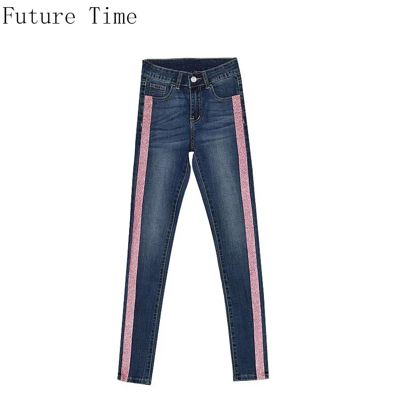 

2018 European Women Jeans Side Stripe Pink Washed Slim Elastic Mid Waist Full Length Pencil Pants Fashion New Denim Pants NZ293