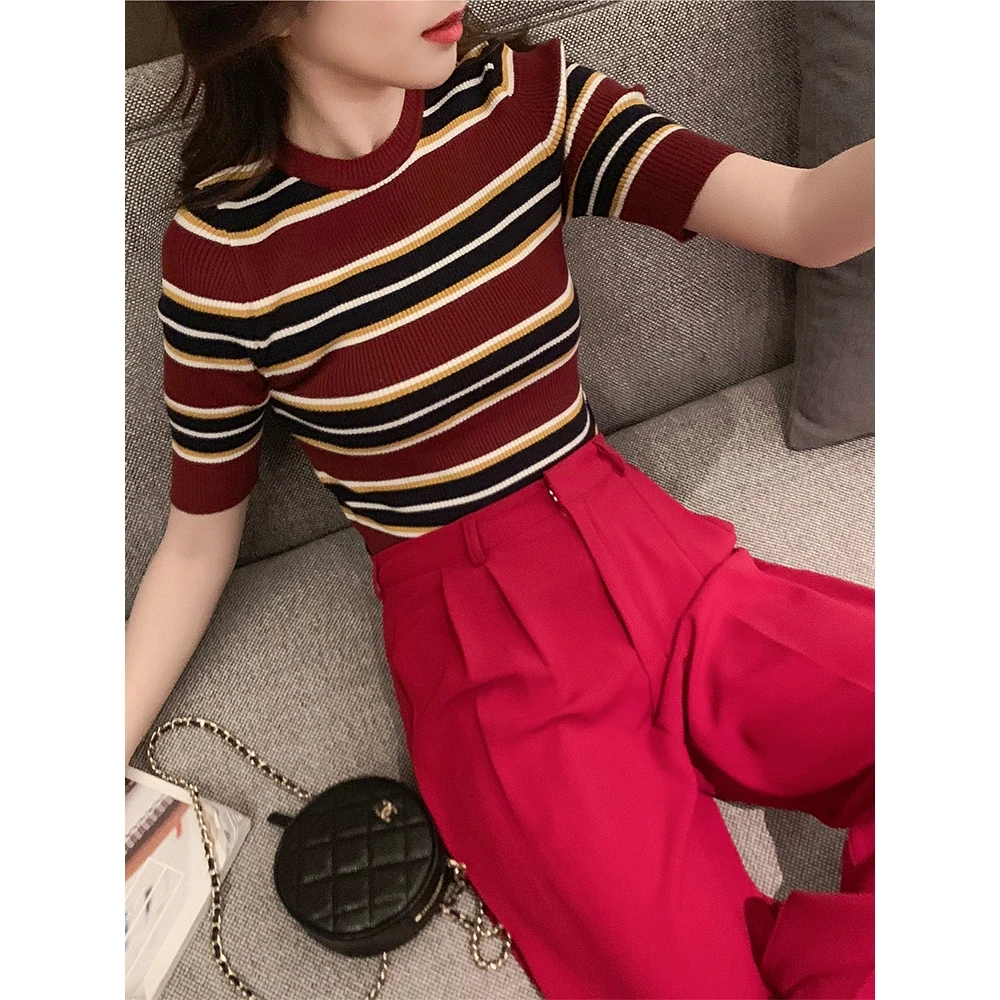 

Women Knitted T-Shirt Short Sleeve Tops Striped Slim Elastic Casual Tee Shirt