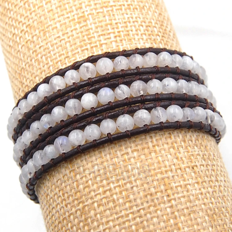3 Wrap Natural Moon Stone Hot Colorful Men's Women's Handmade 4mm Gem stones Beads Leather Bracelet Wholesale 3PCS/Lot | Украшения